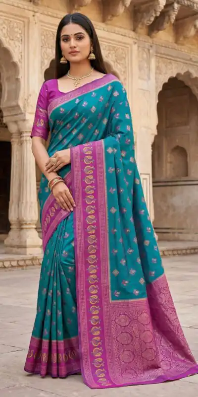 Teal Pochampalli Silk Lace Zari Work Saree