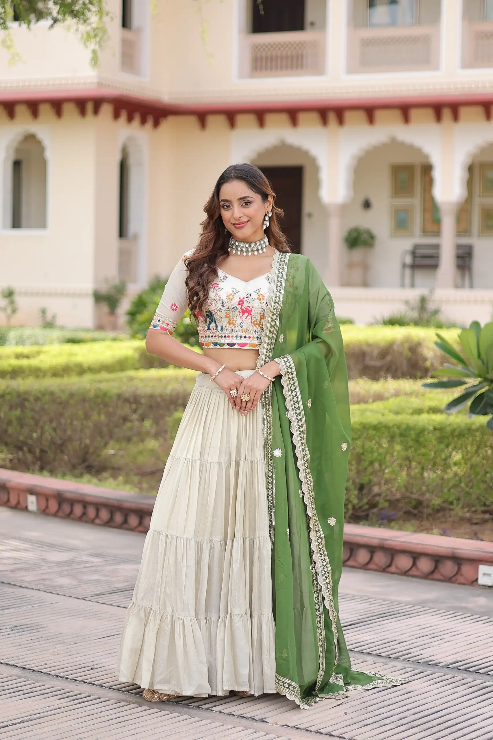 Green Cosmos Silk Embroidery Zari Work Lehenga Choli