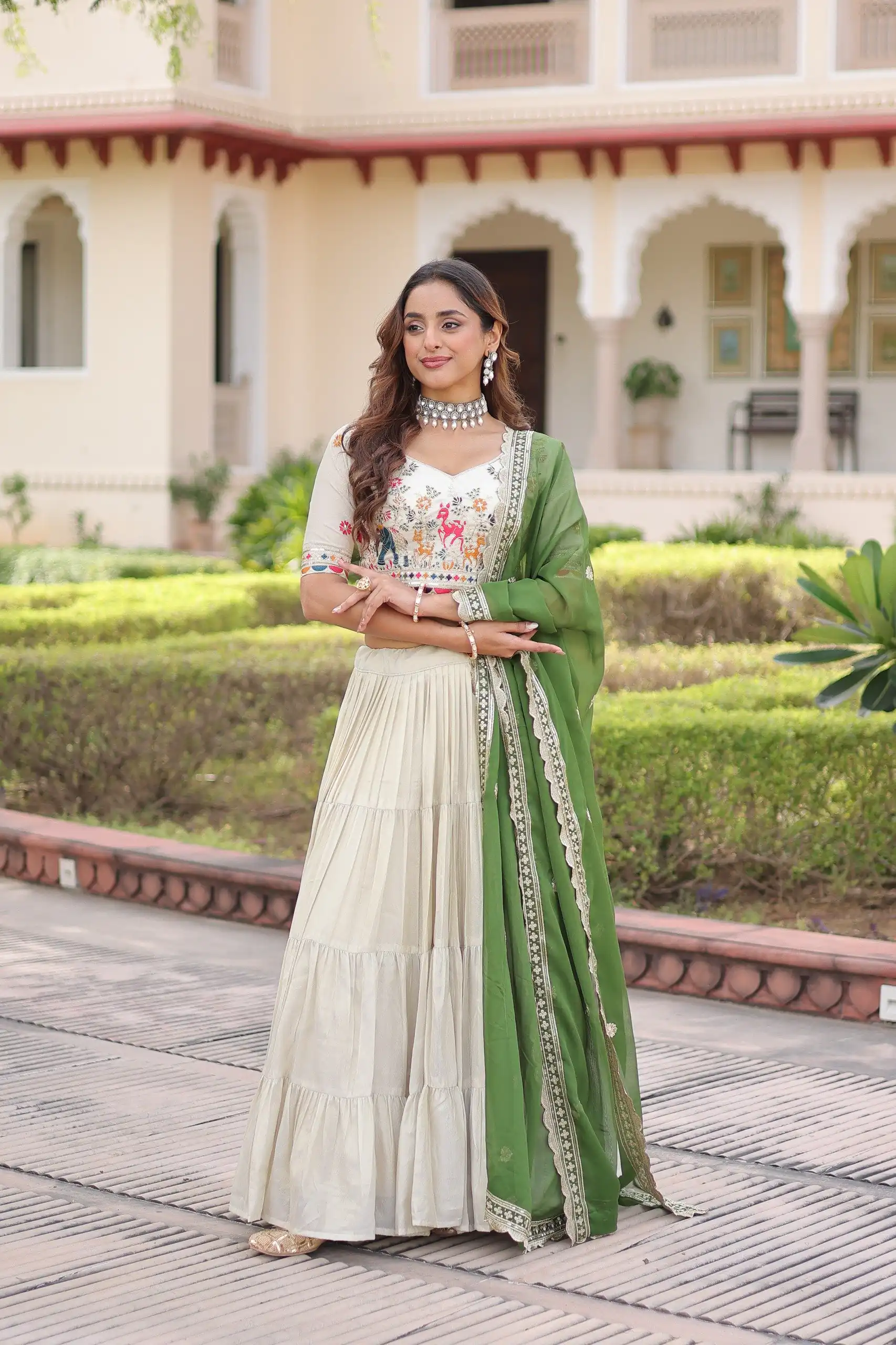 Green Cosmos Silk Embroidery Zari Work Lehenga Choli - Image 3