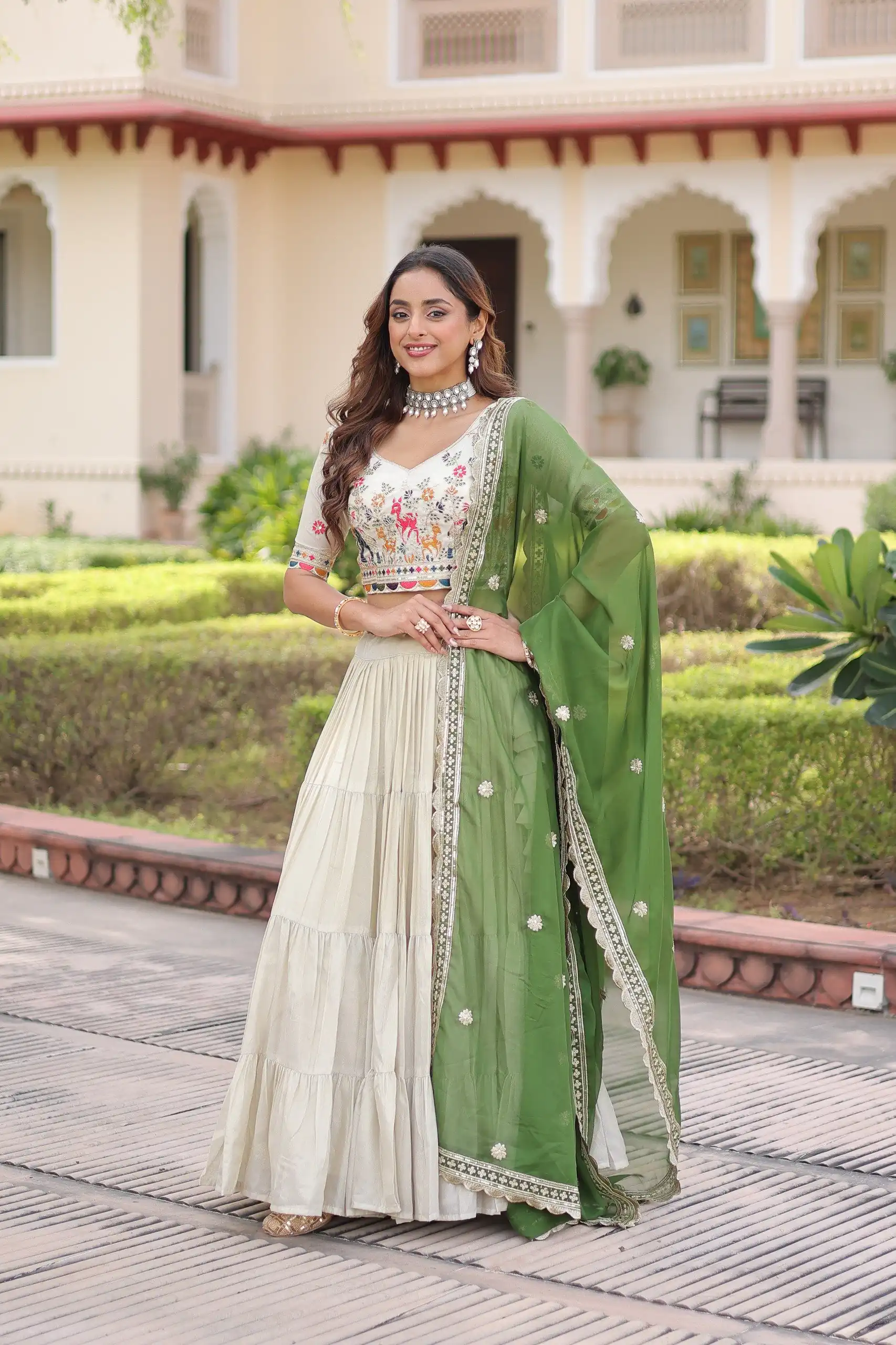 Green Cosmos Silk Embroidery Zari Work Lehenga Choli - Image 4