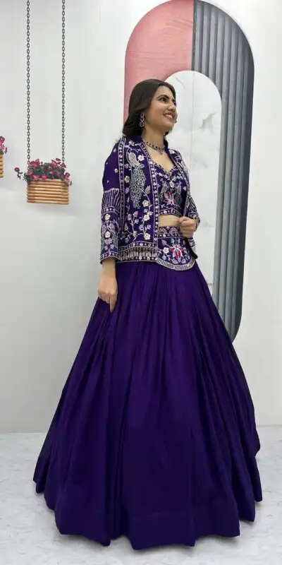 Purple Vichitra Silk Thread Work Lehenga Choli
