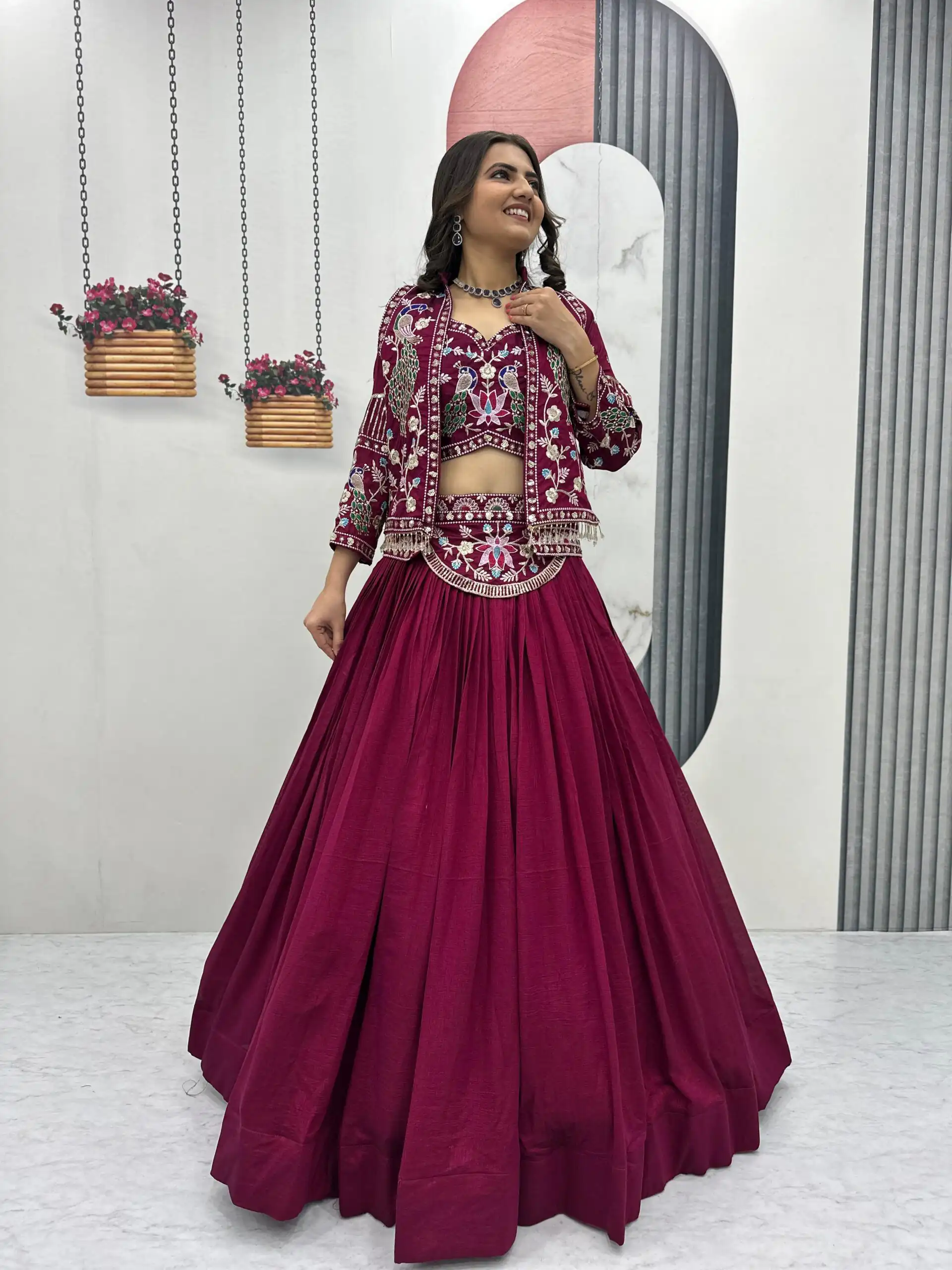 Rani Pink Vichitra Silk Thread Work Lehenga Choli - Image 2