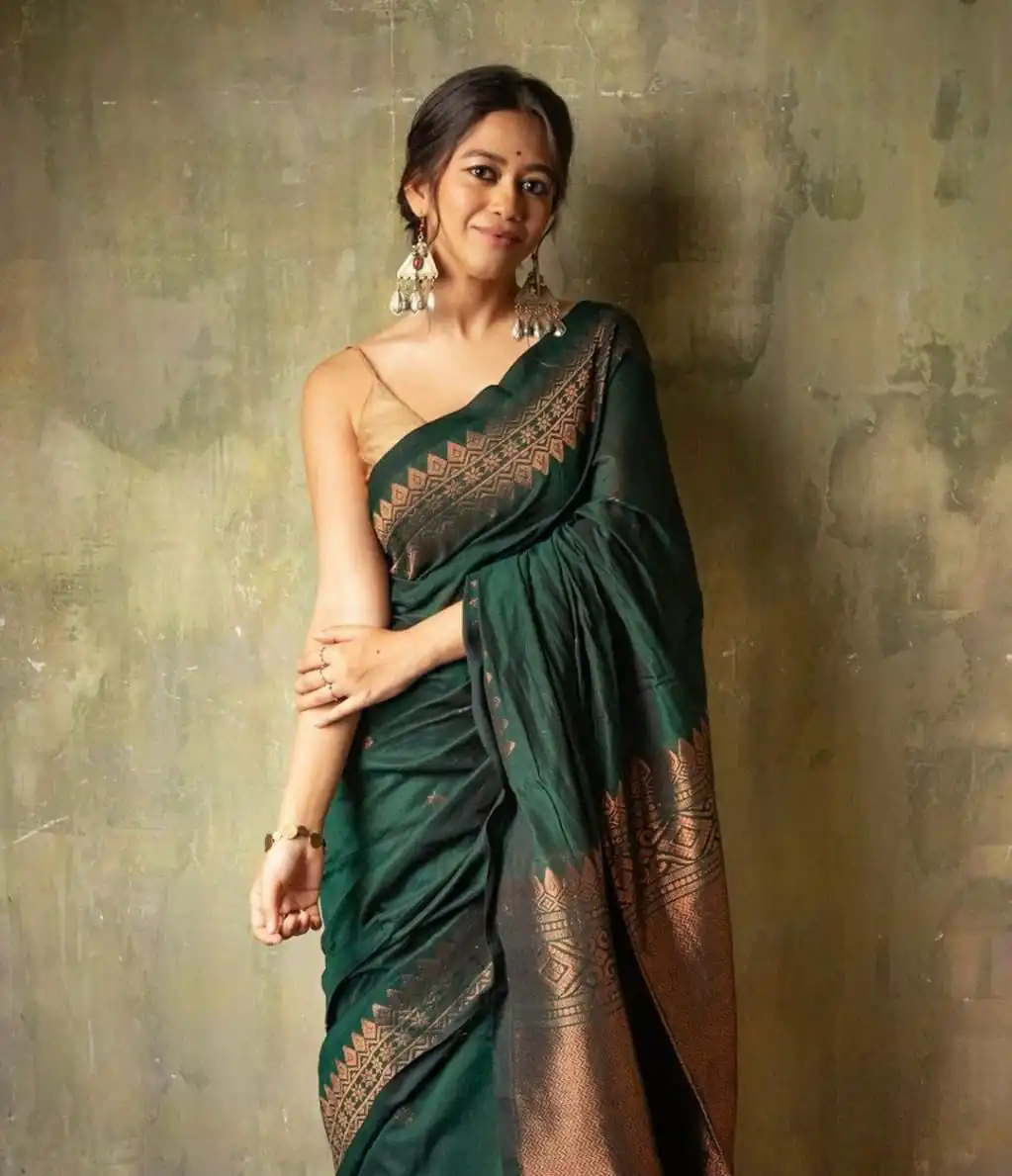 Green Soft Lichi Silk Border Lace Saree