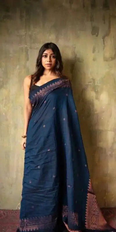 Blue Soft Lichi Silk Border Lace Saree