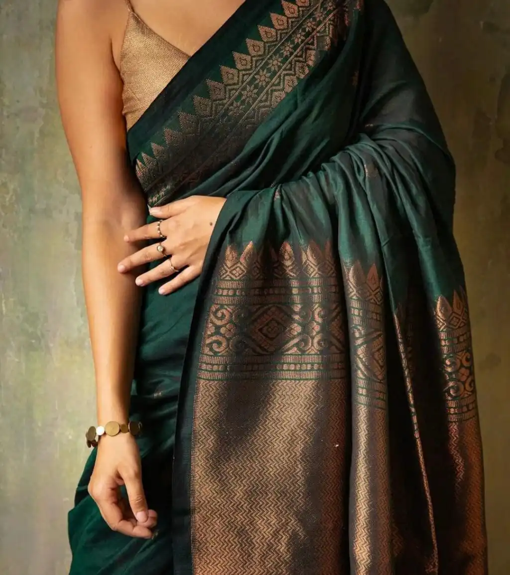 Green Soft Lichi Silk Border Lace Saree - Image 4