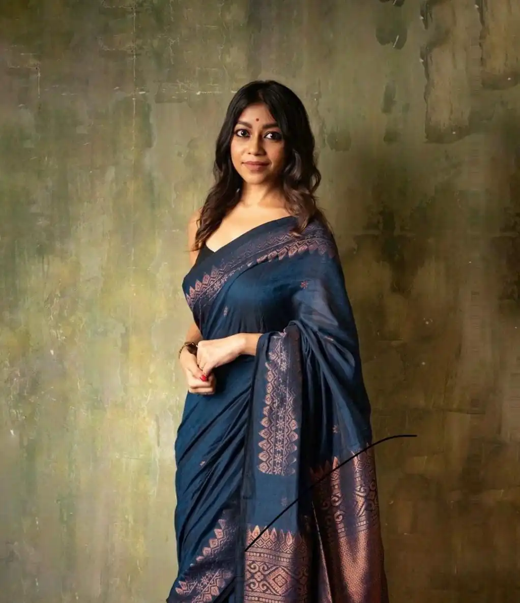 Blue Soft Lichi Silk Border Lace Saree - Image 4