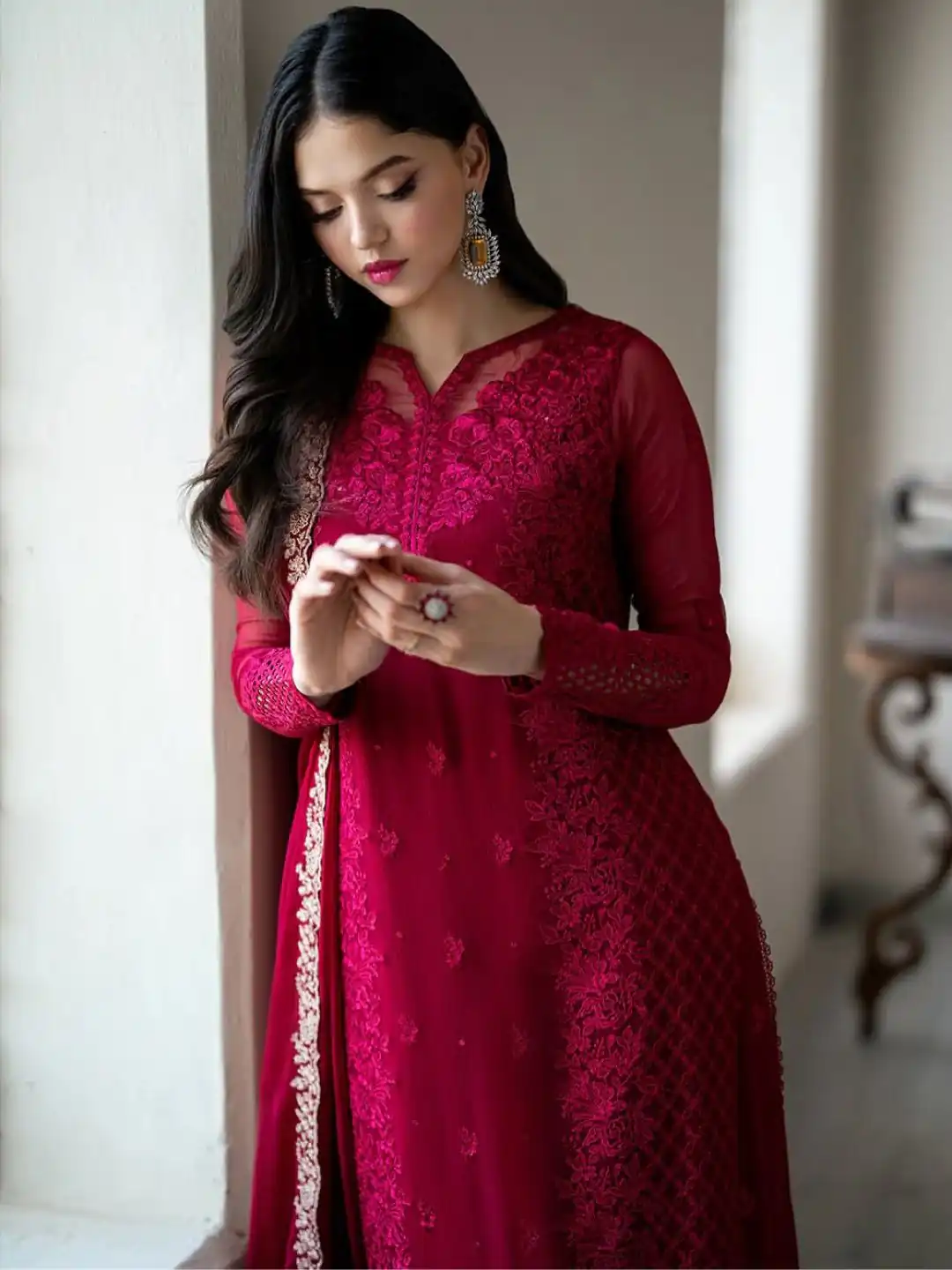 Rani Pink Georgette Embroidery Lace Work Salwar Suit