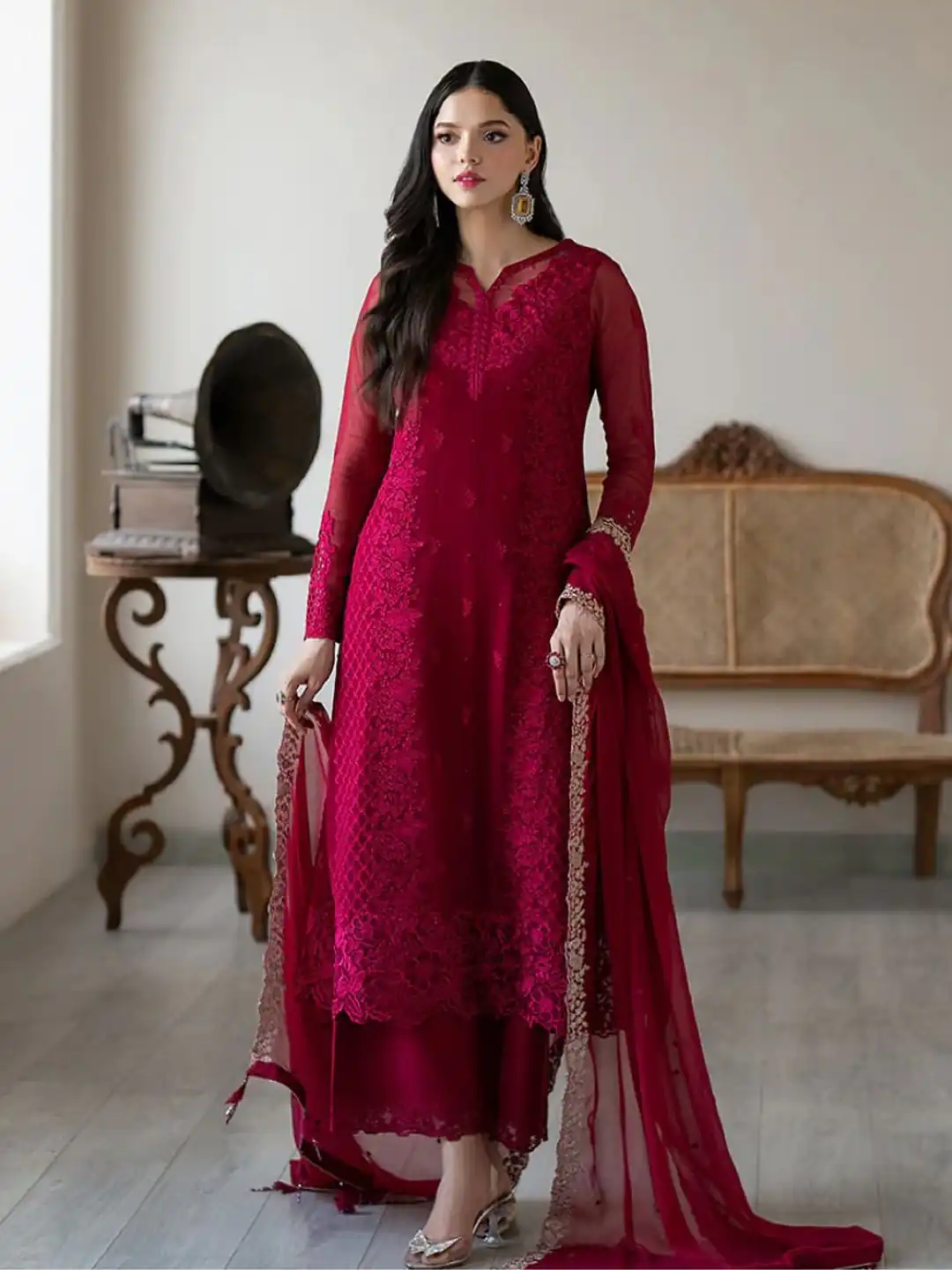 Rani Pink Georgette Embroidery Lace Work Salwar Suit - Image 3
