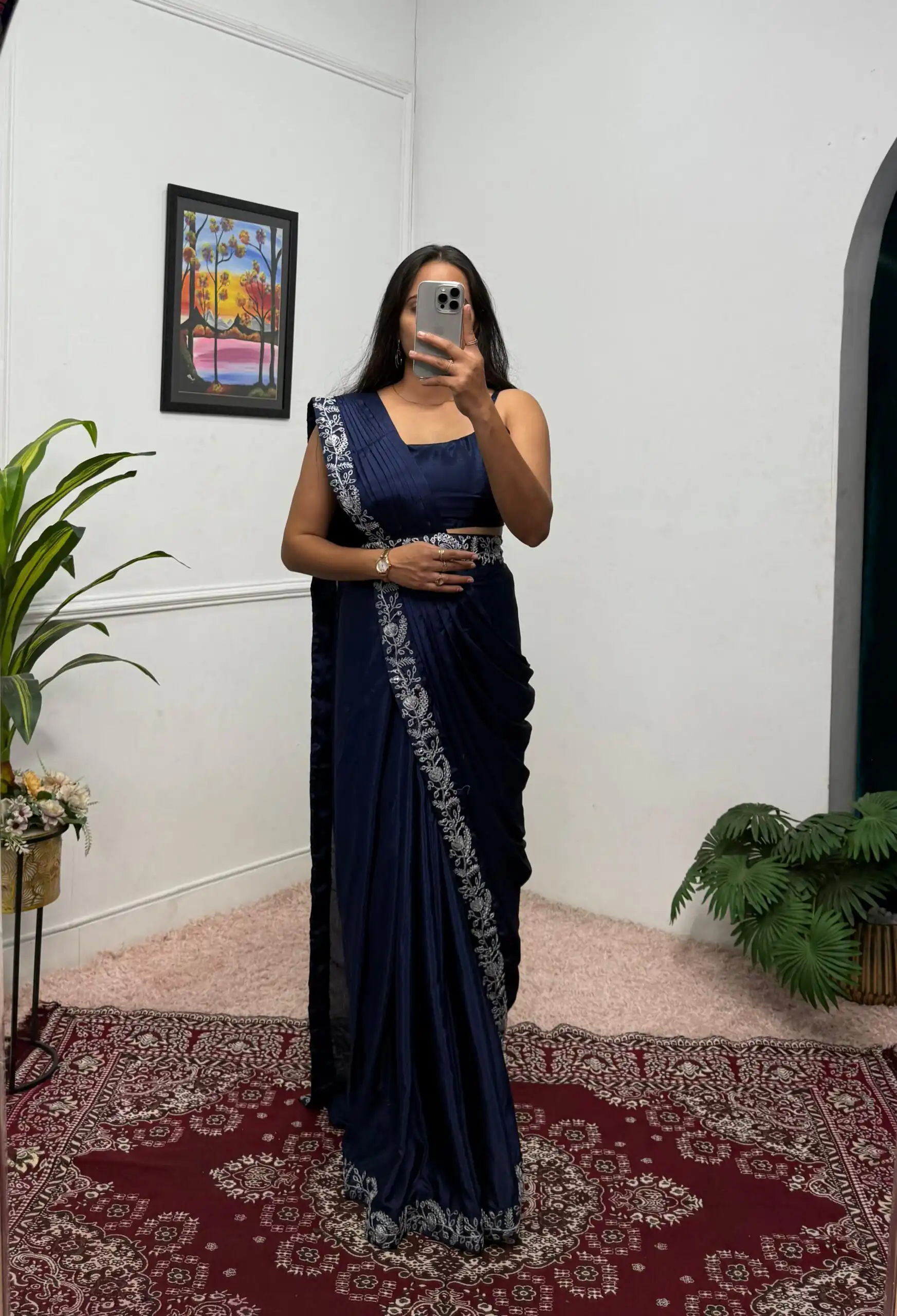Navy Blue Chinon Embroidery Lace Work Saree - Image 4