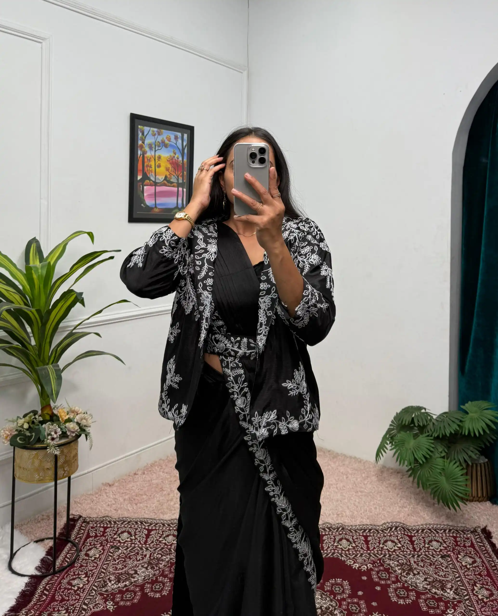 Black Chinon Embroidery Lace Work Saree - Image 2