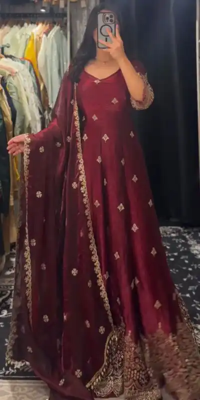 Maroon Fendy Silk Sequence Lace Work Gown