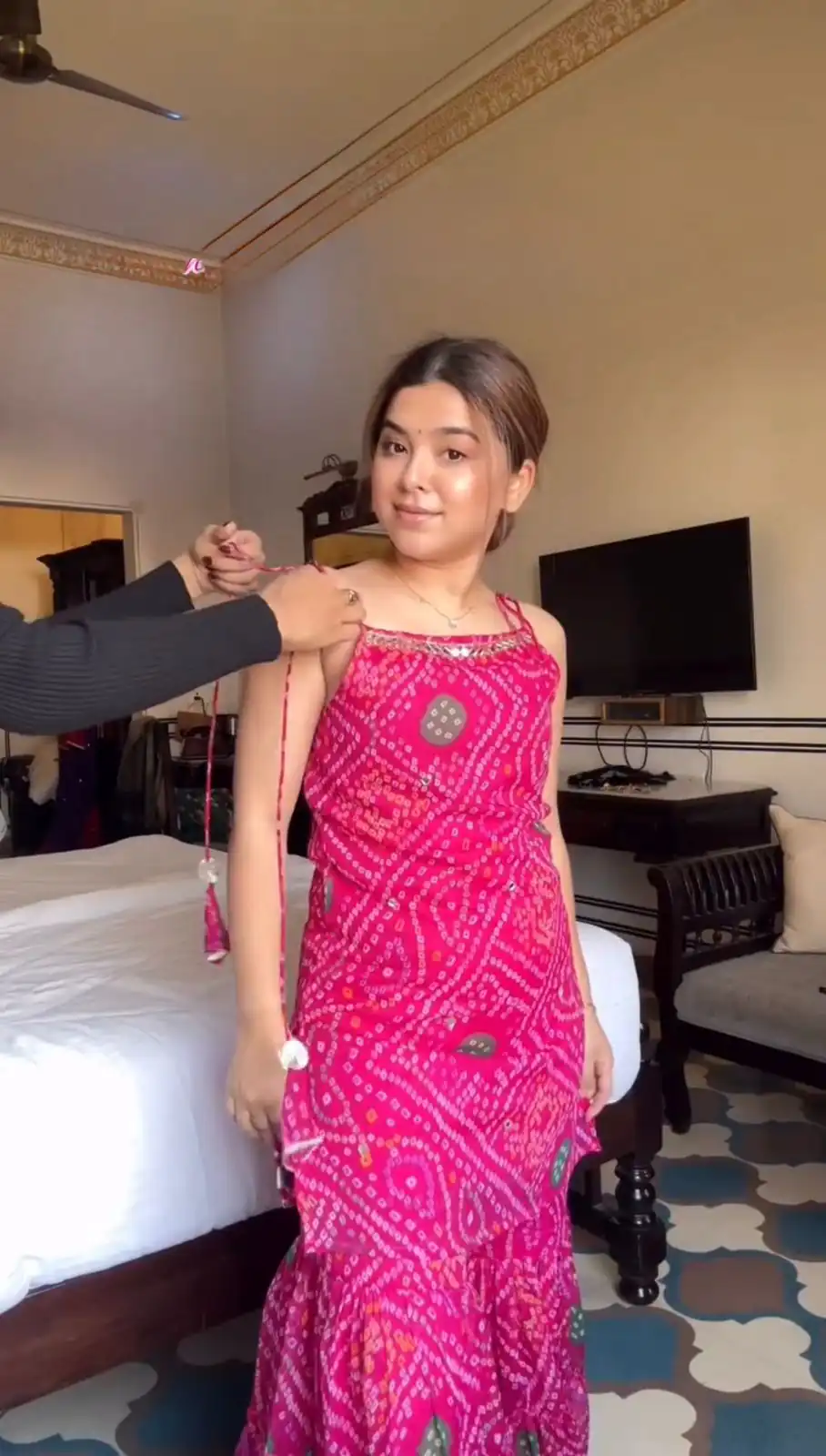 Pink Faux Georgette Printed Mirror Work Salwar Suit - Image 3