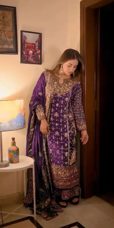 Purple Faux Georgette Embroidery Work Salwar Suit