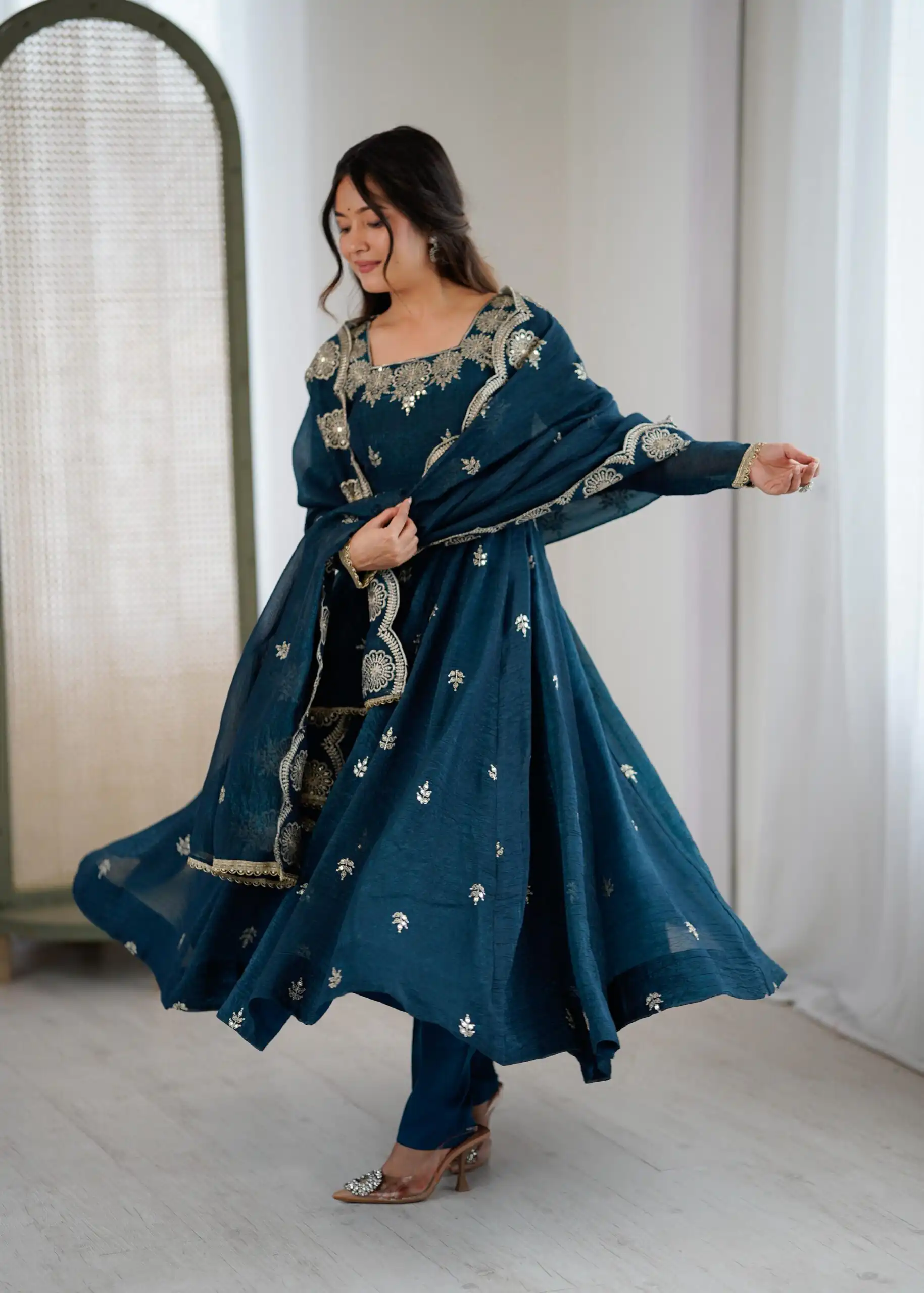 Teal Crunchy Silk Embroidery Work Gown - Image 5