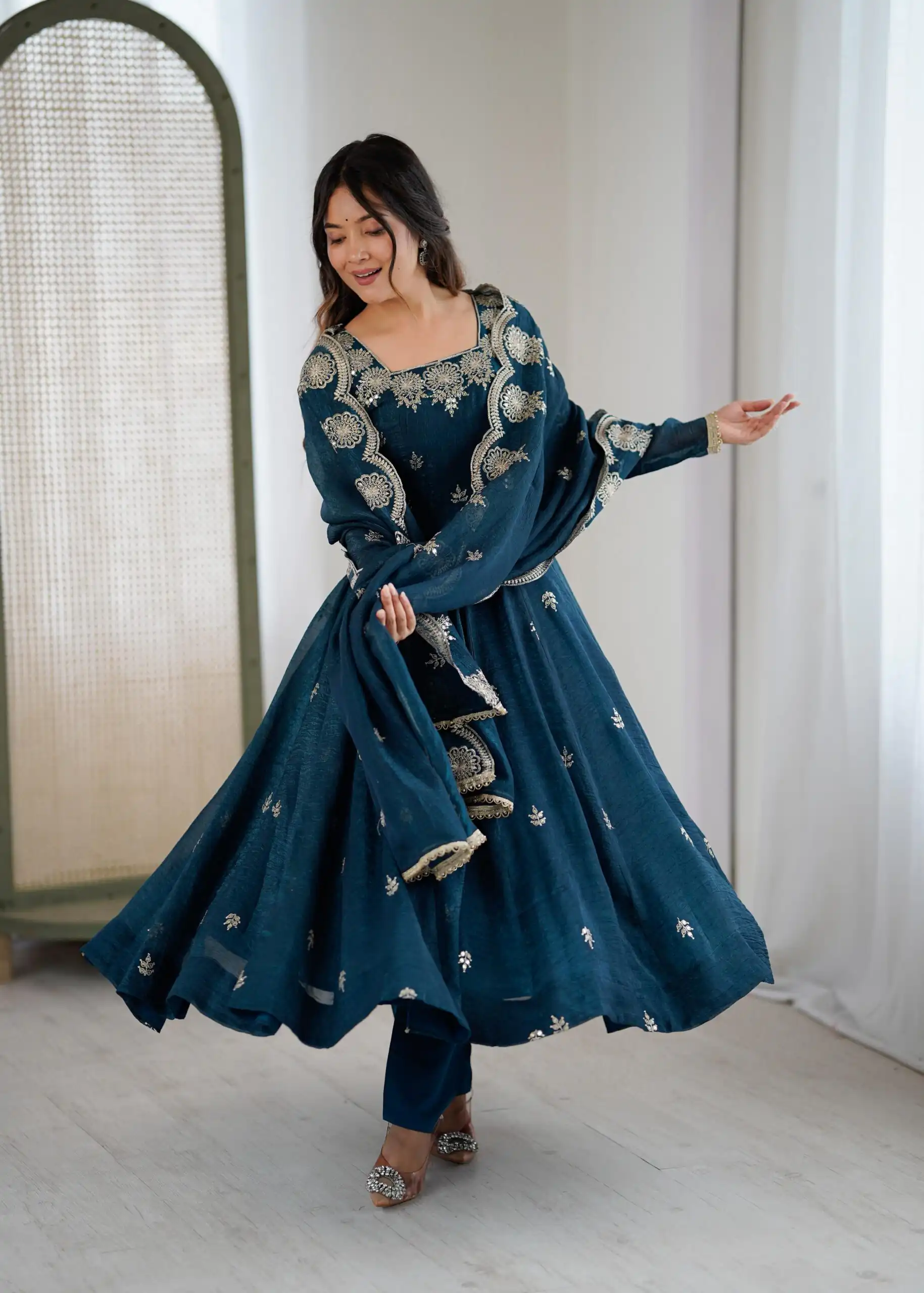 Teal Crunchy Silk Embroidery Work Gown - Image 7