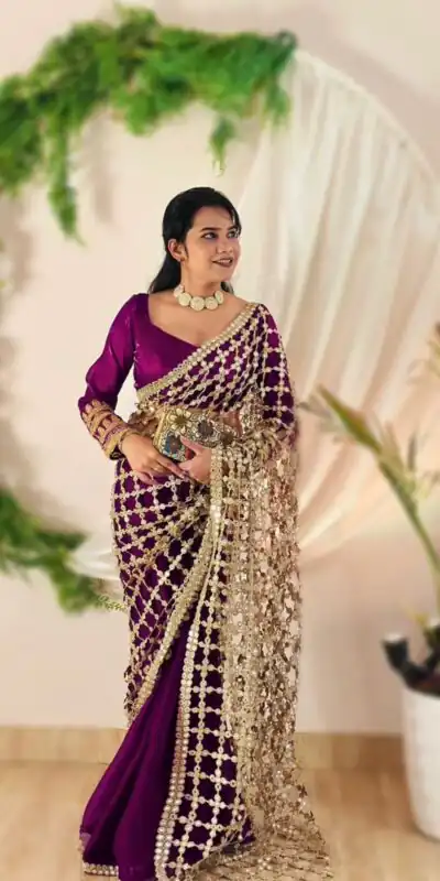 Wine Fendy Silk Lace Mirror Work Saree