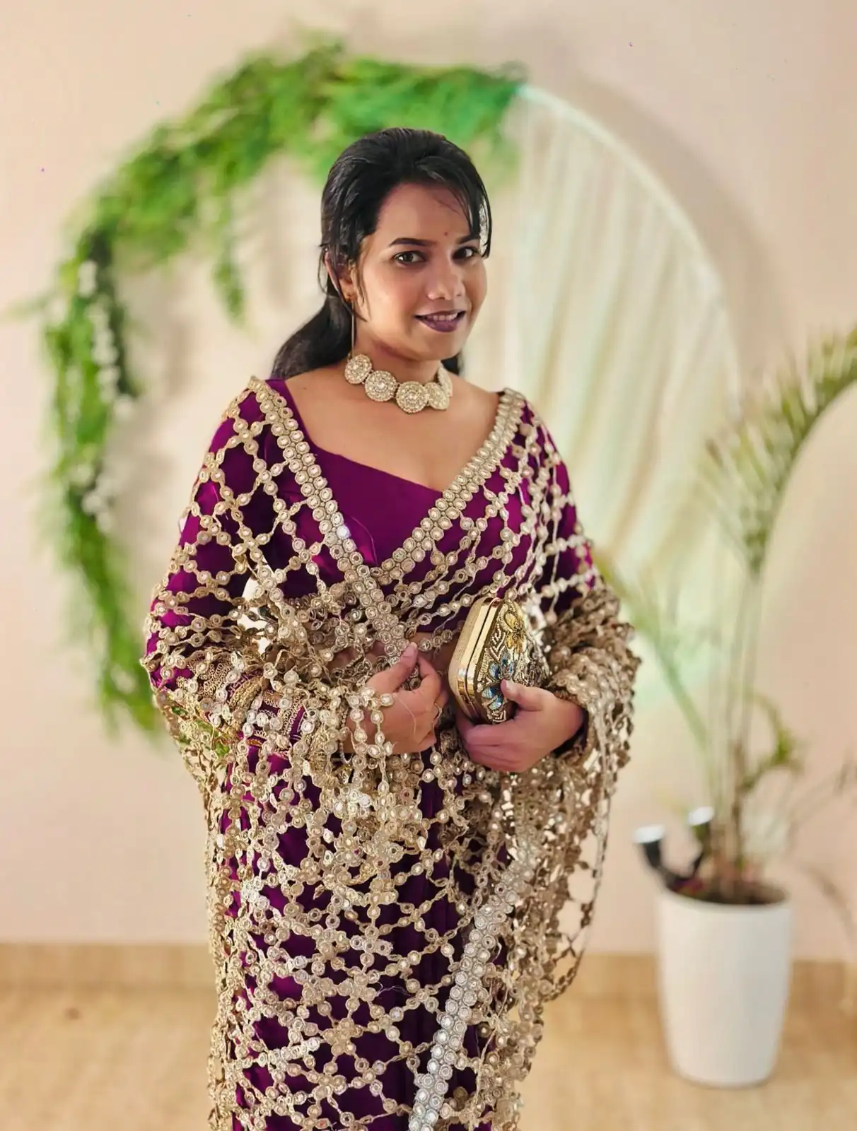 Wine Fendy Silk Lace Mirror Work Saree - Image 2