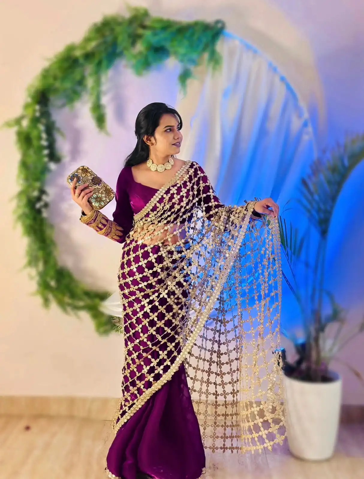 Wine Fendy Silk Lace Mirror Work Saree - Image 4