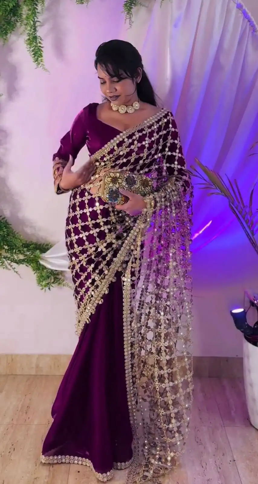 Wine Fendy Silk Lace Mirror Work Saree - Image 5