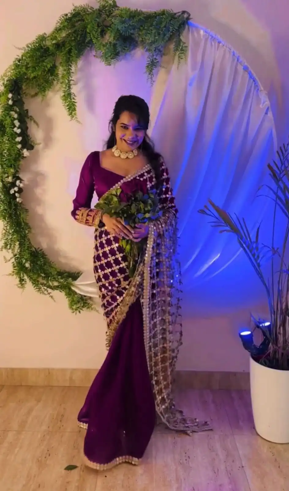 Wine Fendy Silk Lace Mirror Work Saree - Image 6