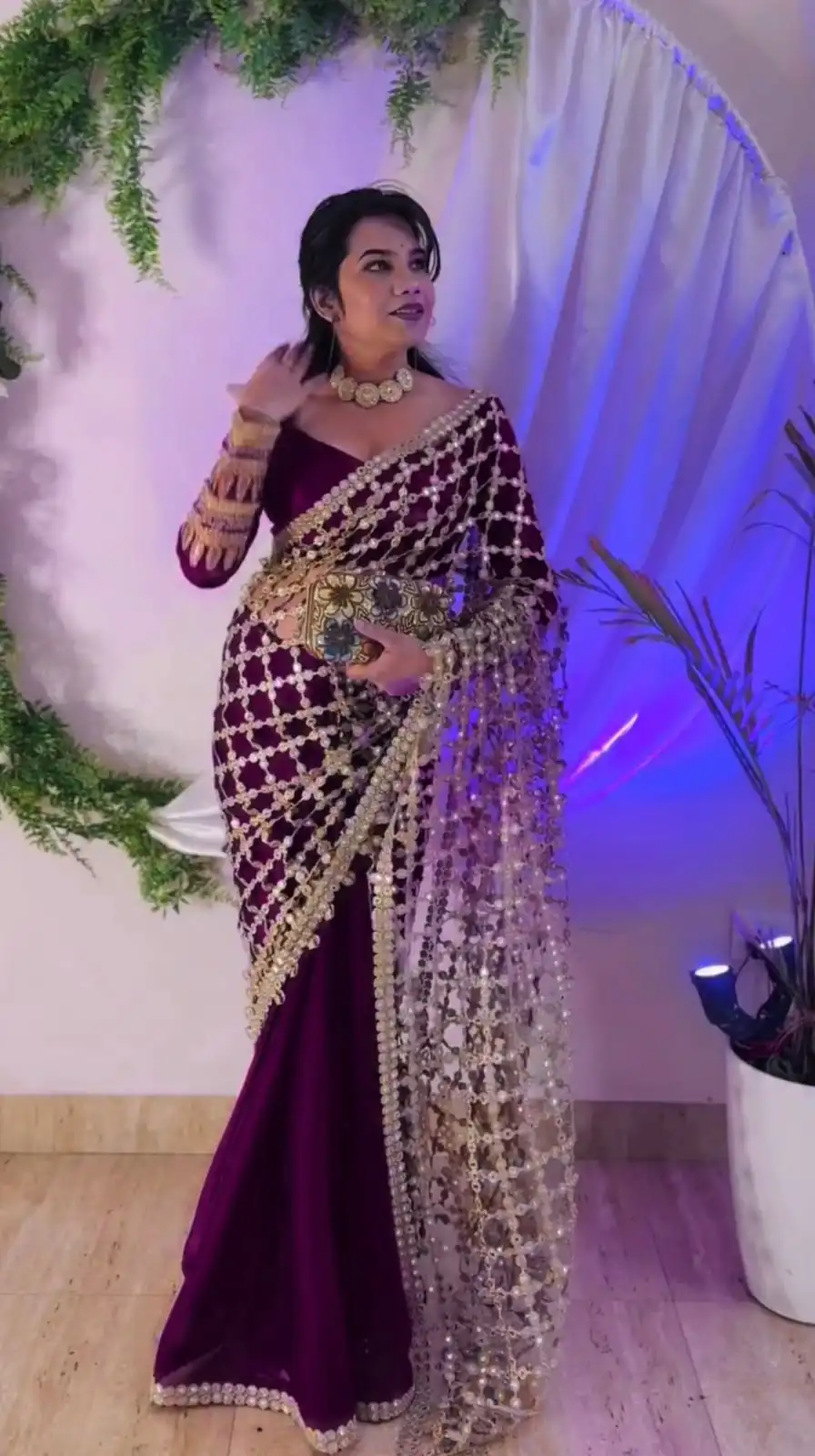 Wine Fendy Silk Lace Mirror Work Saree - Image 7