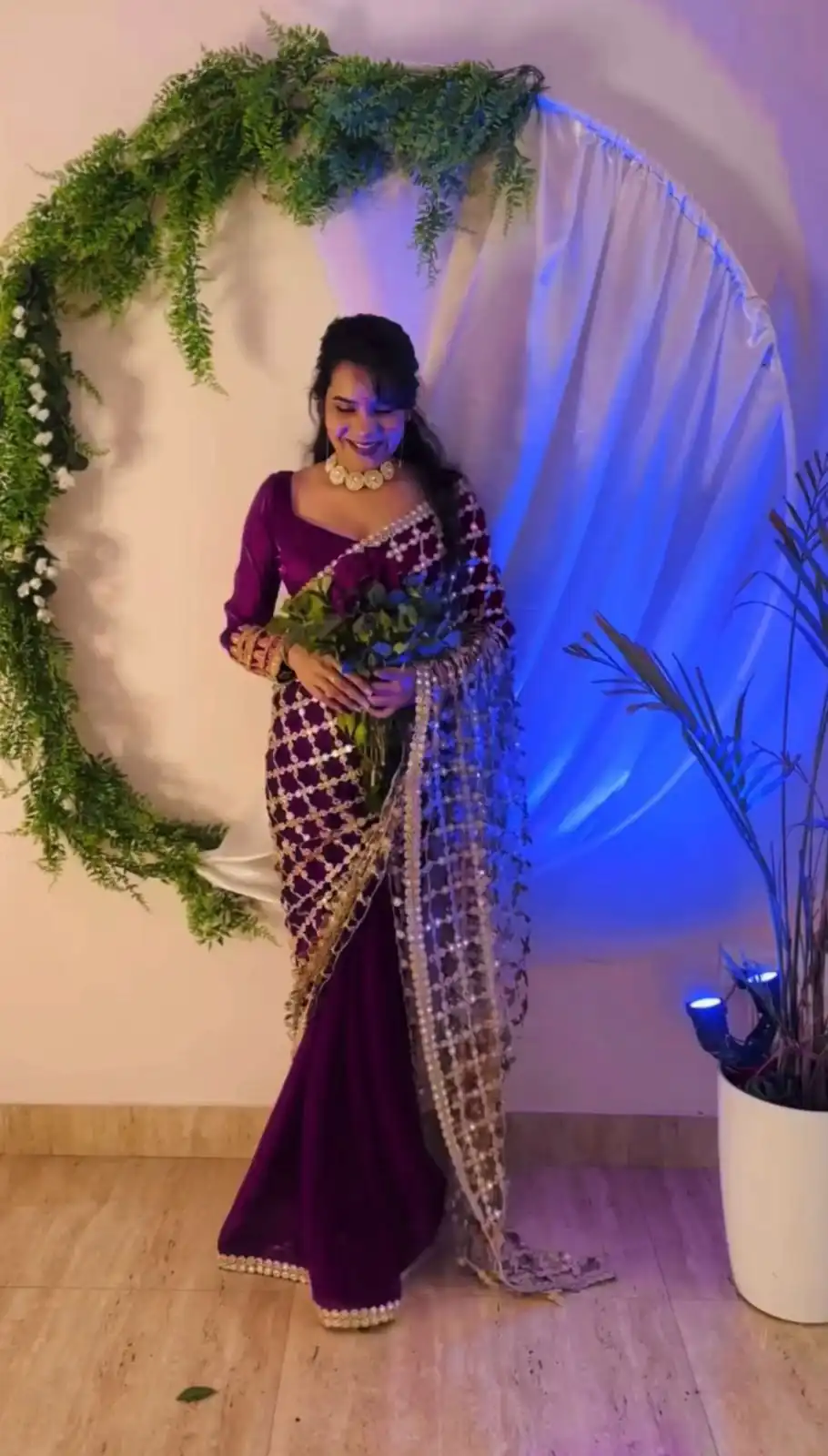 Wine Fendy Silk Lace Mirror Work Saree - Image 8