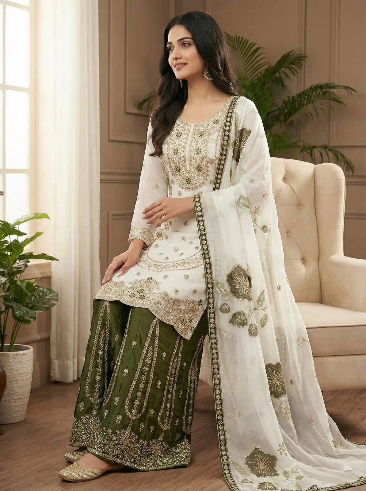 White Organza Silk Digital Print Embroidery Salwar Suit - Image 10
