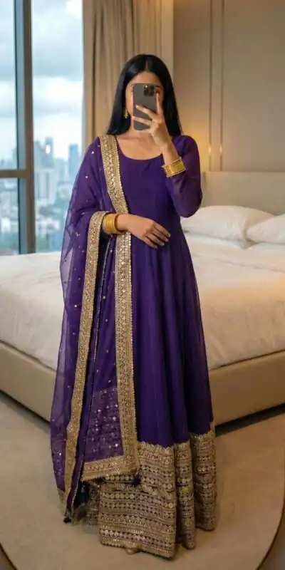 Purple Roman Silk Embroidery Lace Work Gown