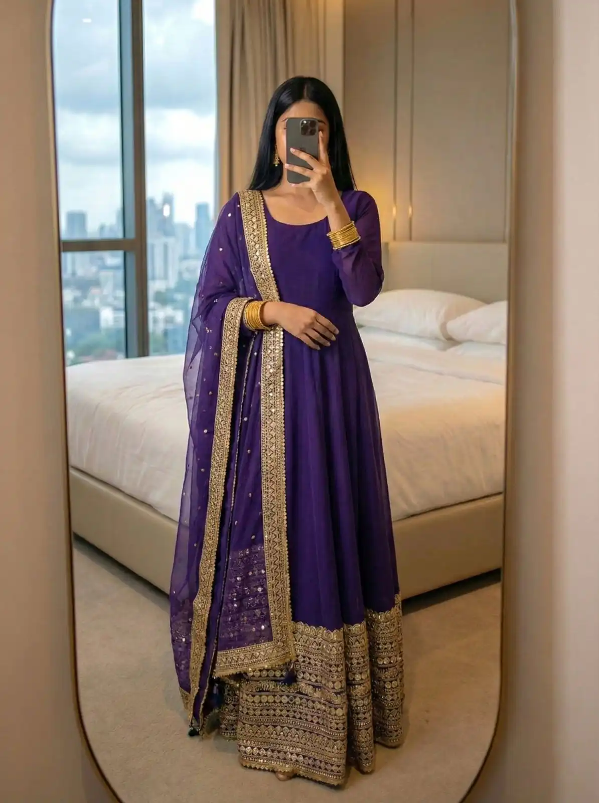 Purple Roman Silk Embroidery Lace Work Gown