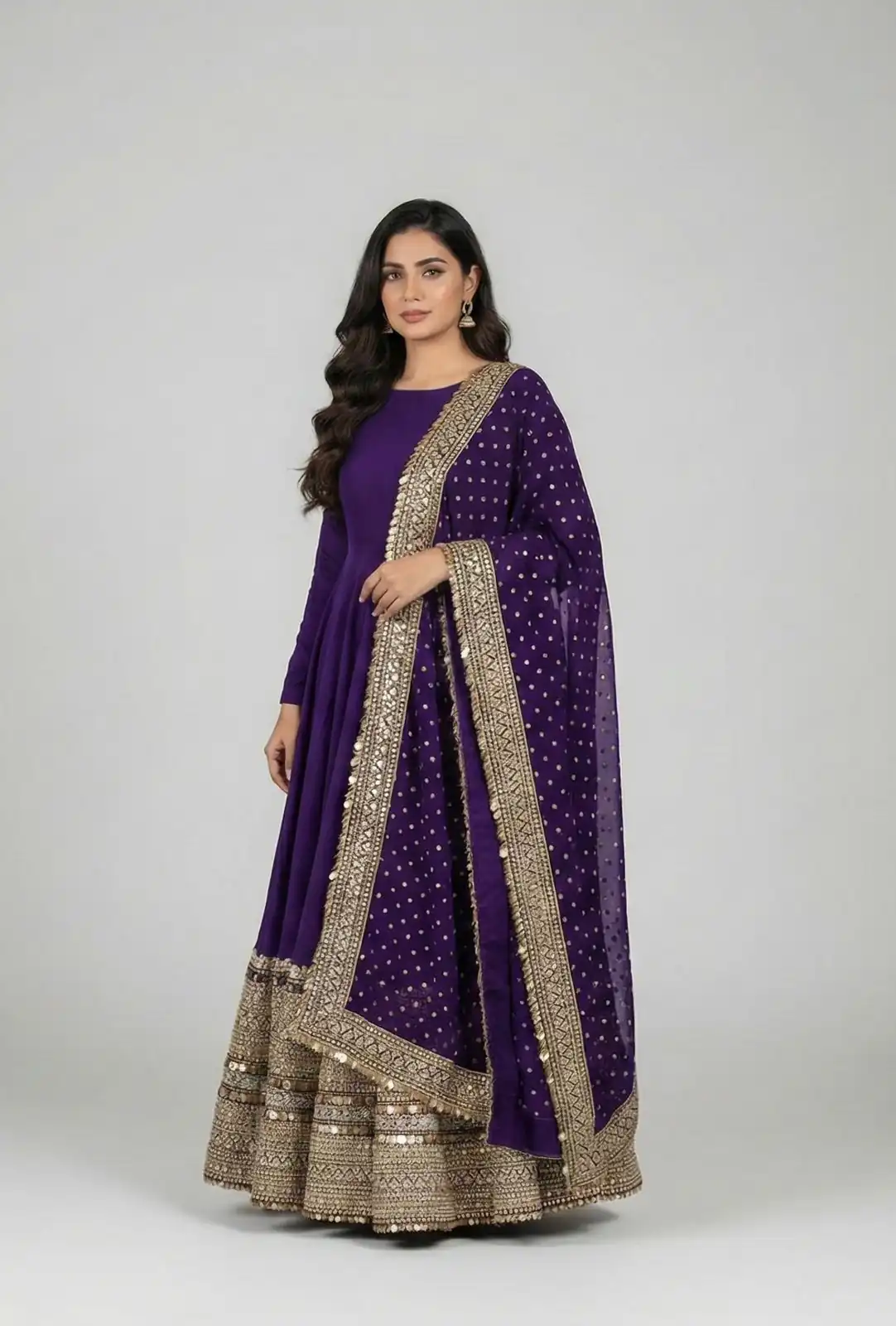 Purple Roman Silk Embroidery Lace Work Gown - Image 2