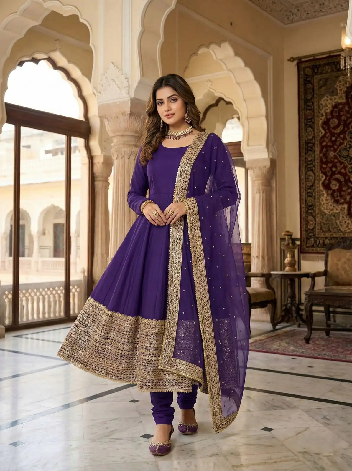 Purple Roman Silk Embroidery Lace Work Gown - Image 3