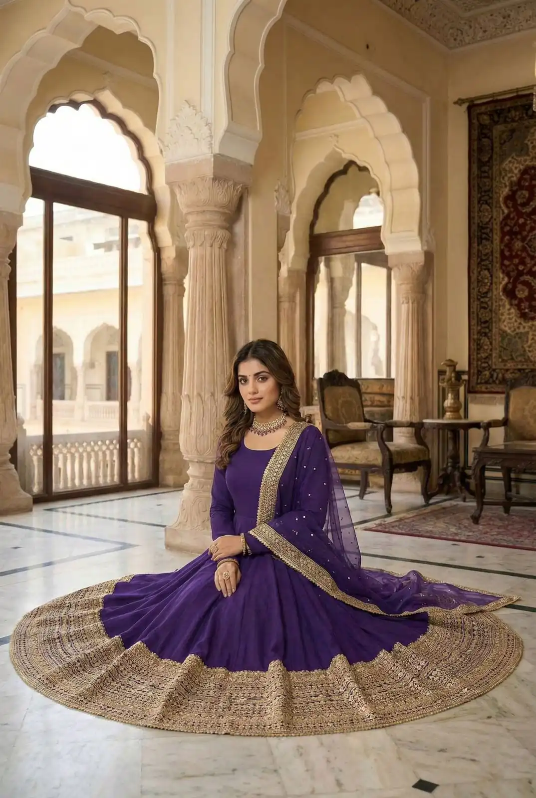 Purple Roman Silk Embroidery Lace Work Gown - Image 4