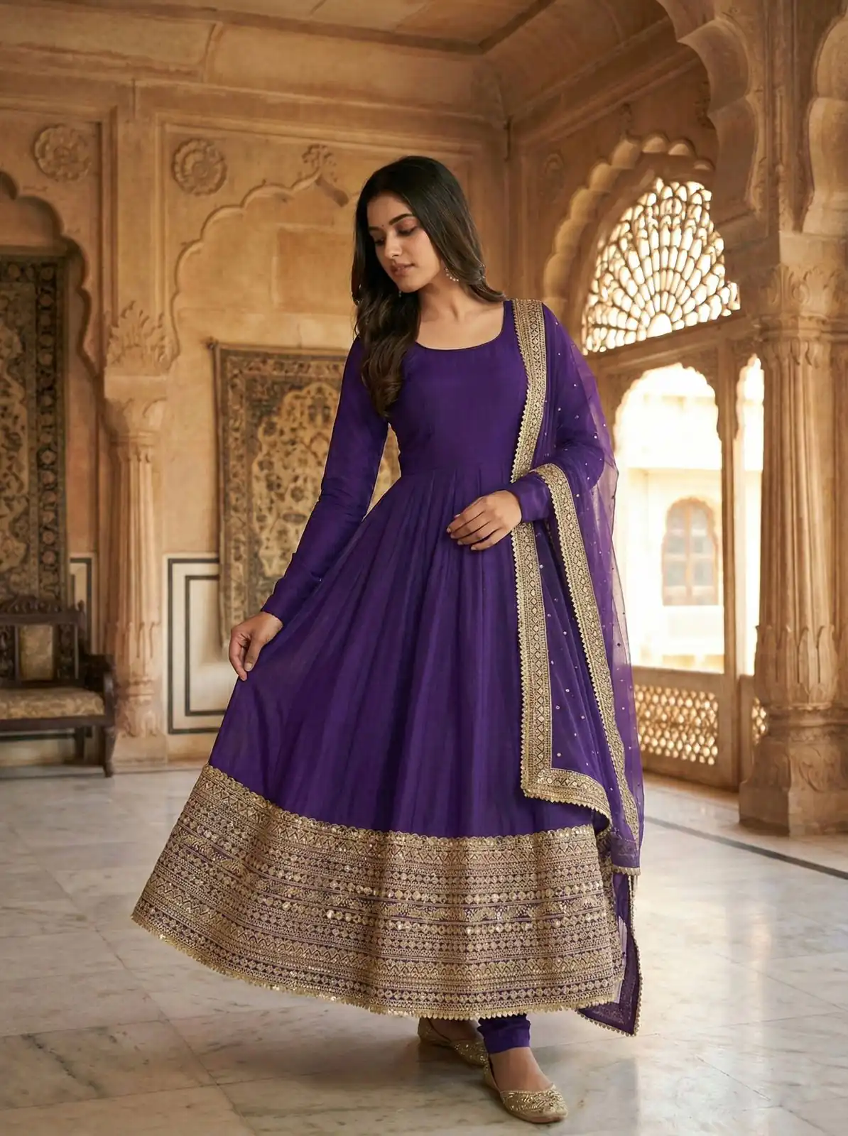 Purple Roman Silk Embroidery Lace Work Gown - Image 6