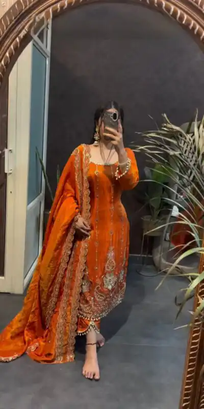 Orange Fendy Silk Thread Work Salwar Suit