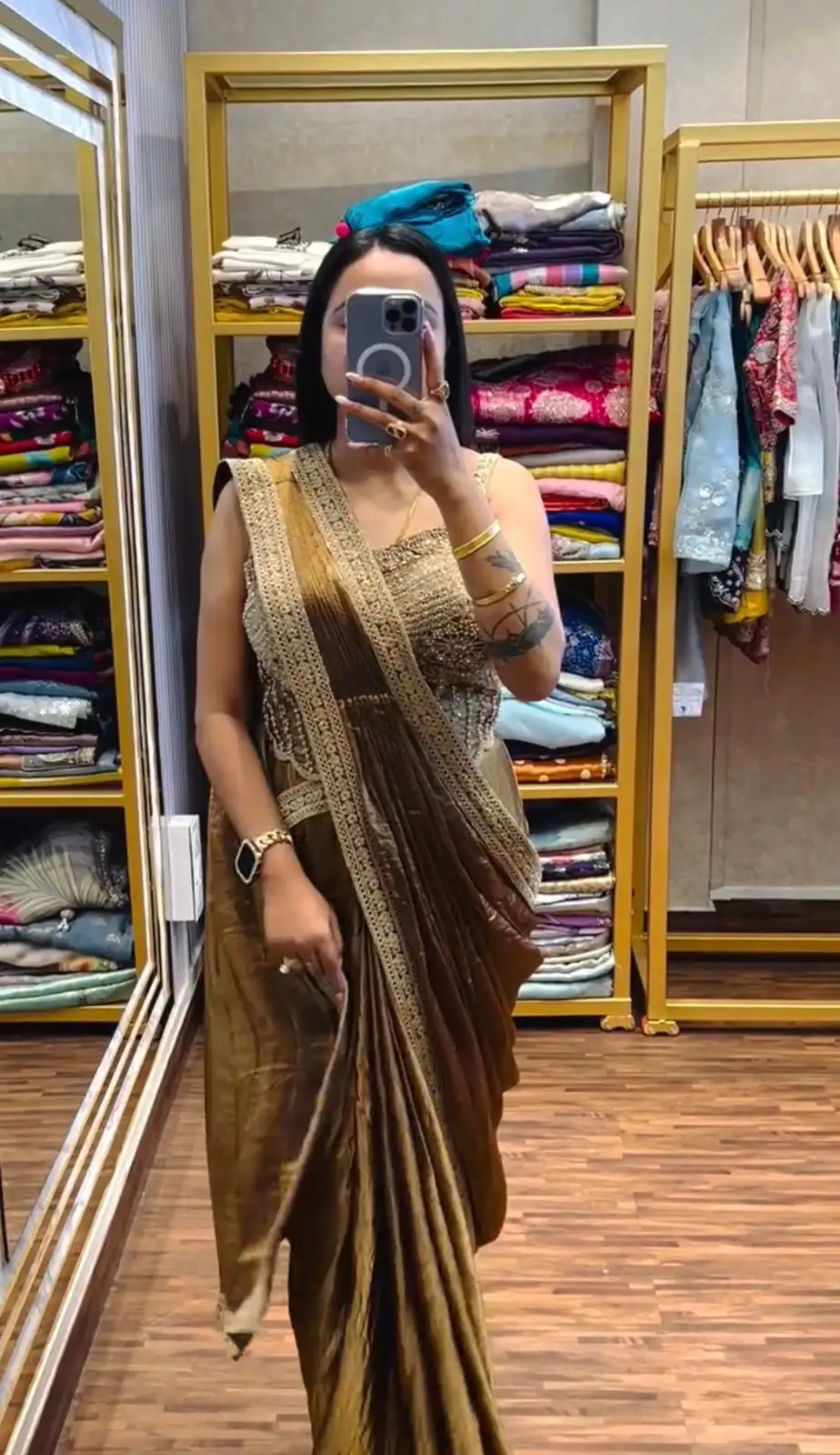 Brown Fandy Satin Lace Embroidery Work Saree - Image 2