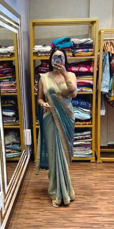 Blue Fandy Satin Lace Embroidery Work Saree