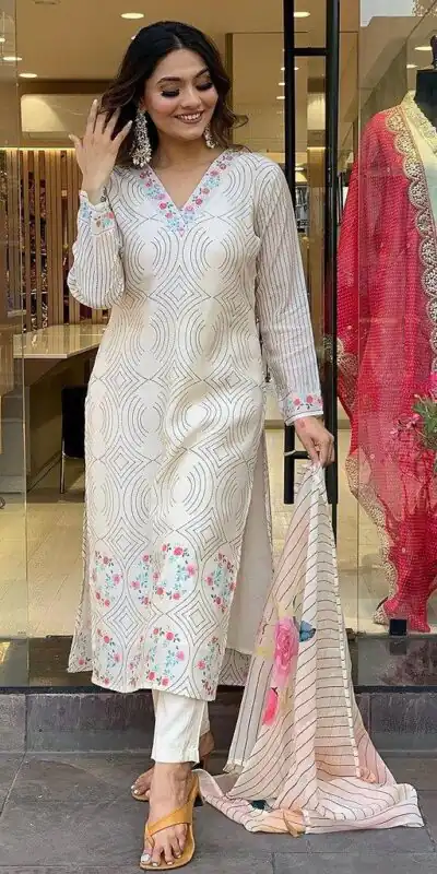 White Maslin Digital Printed Salwar Suit