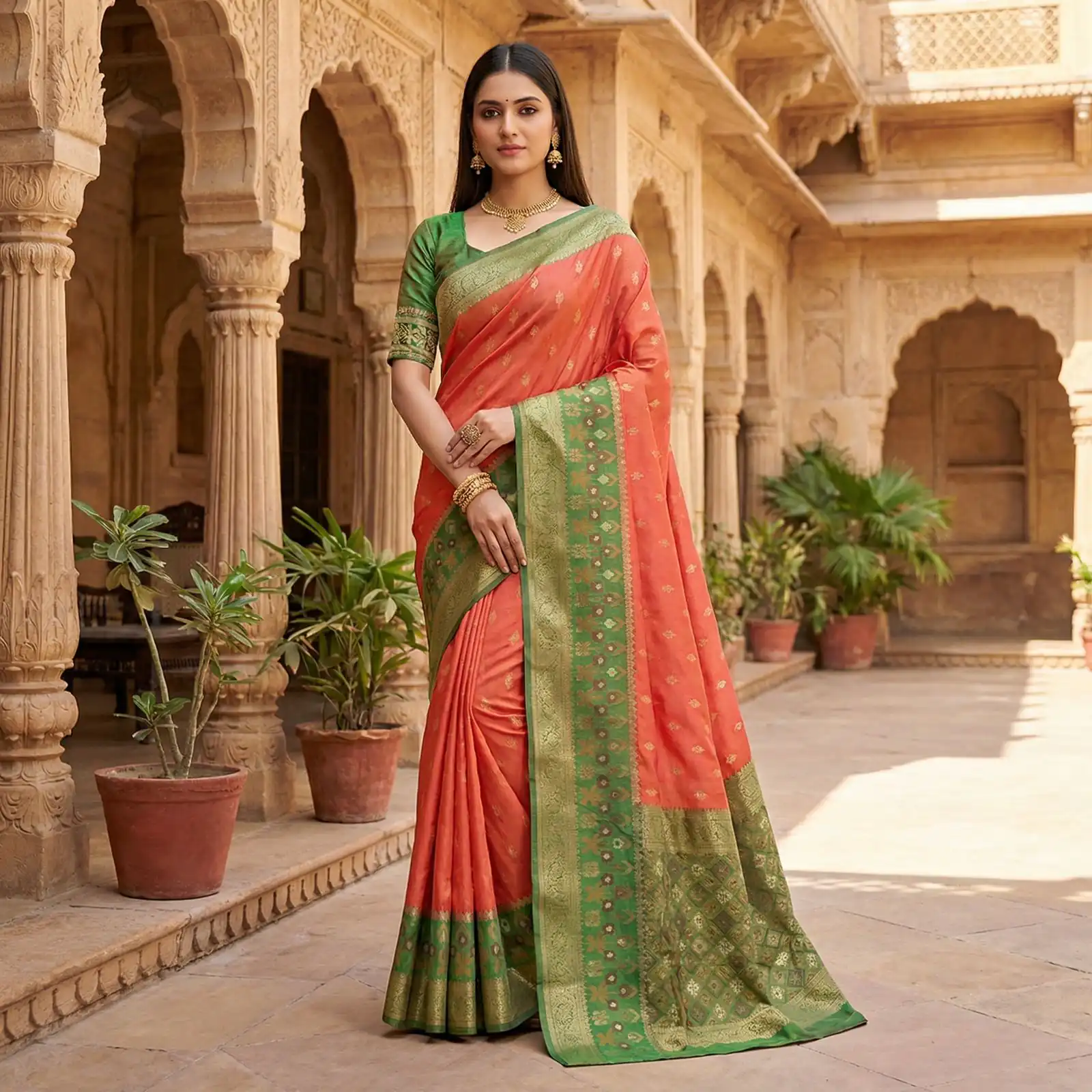Peach Pochampalli Silk Zari Work Saree