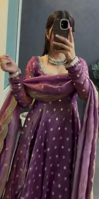 Lavender Fendy Silk Sequence Lace Work Gown