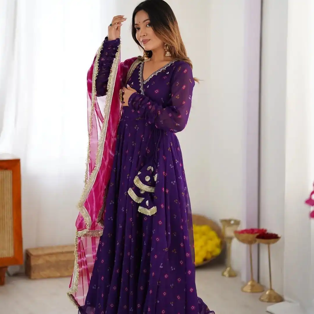 Purple Faux Georgette Digital Print Gown