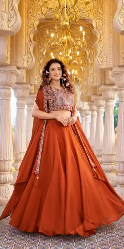 Rust Rangoli Silk Embroidery Work Lehenga Choli
