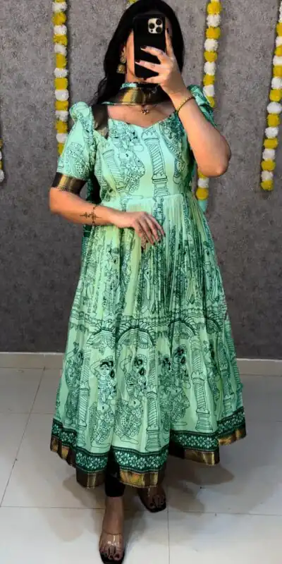 Sea Green Malai Satin Digital Kalamkari Print Gown