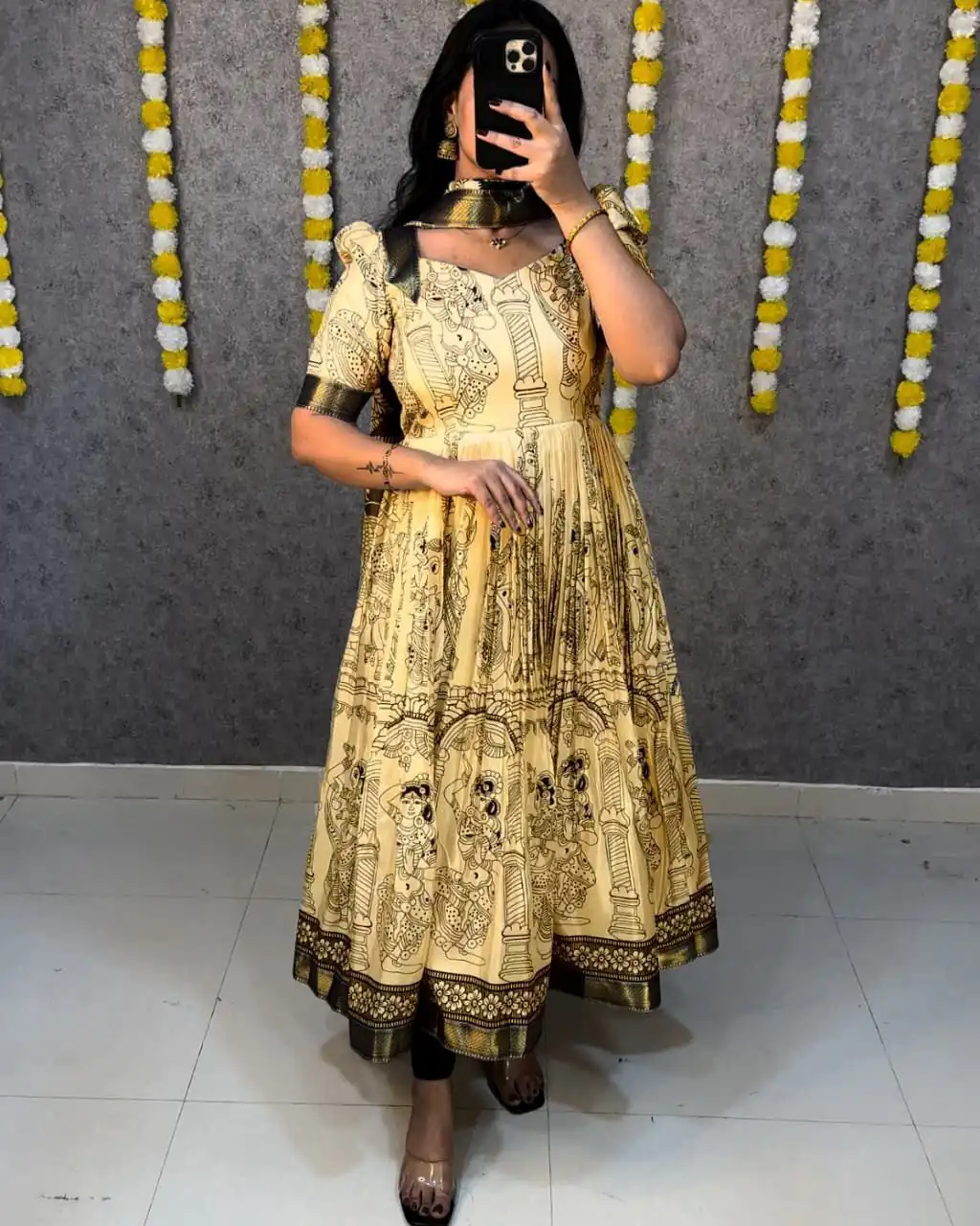 Yellow Malai Satin Digital Kalamkari Print Gown