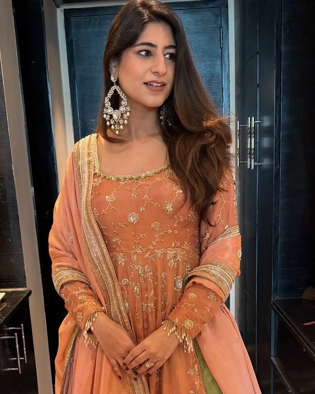 Peach Chinon Silk Sequence Lace Work Gown - Image 3