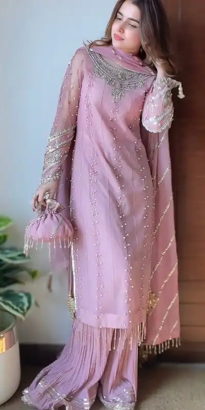 SRK 5276 Baby Pink in Faux Georgette Bead Work & Embroidery Work Salwar Suit . Now at just ₹2049. Delivery 4-6 Working Days. Shop now. | Casual Suits, Jump Suits, Creative suits, Designer Suits, Palazzo Suits, Party Wear Suits, Patiala Suits, Salwar suit, Straight Suits