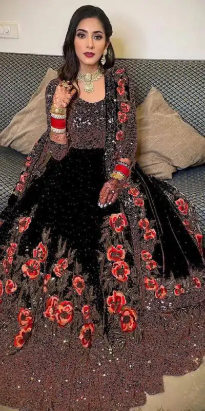 RC 217 Black Georgette Gown with Embroidery Work & Stone Work. Available at ₹2049 only. Delivery 4-6 Working Days. Shop now. | Bollywood Gowns, Creative Gowns, Designer Gowns, Embroidered Gowns, Gowns, Party Wear Gowns