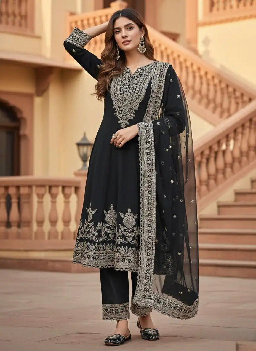 KF-1715 Black in Faux Georgette Embroidery Work & Lace Work Salwar Suit . Get it for ₹2399. Delivery 4-6 Working Days. Shop now. | Casual Suits, Jump Suits, Tops & Bottoms, Track Suits, Trendy Wear, Creative suits, Designer Suits, Palazzo Suits, Party Wear Suits, Patiala Suits, Salwar suit, Straight Suits