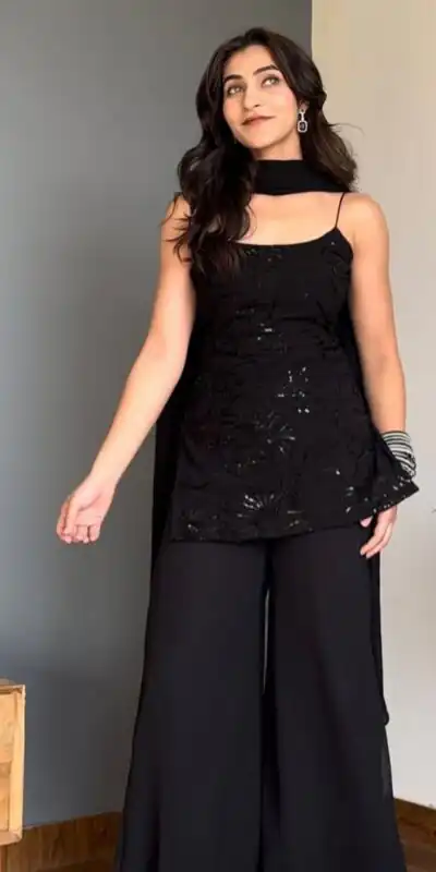 BD 1825 Black Faux Georgette Salwar Suit with Sequins Work & Embroidery Work. Affordable Price ₹1949. Delivery 4-6 Working Days. Shop now. | Casual Suits, Jump Suits, Creative suits, Designer Suits, Palazzo Suits, Party Wear Suits, Patiala Suits, Salwar suit, Straight Suits