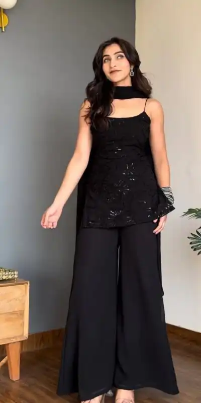 BD 1825 Black Faux Georgette Salwar Suit with Sequins Work & Embroidery Work. Affordable Price ₹1949. Delivery 4-6 Working Days. Shop now. | Casual Suits, Jump Suits, Creative suits, Designer Suits, Palazzo Suits, Party Wear Suits, Patiala Suits, Salwar suit, Straight Suits