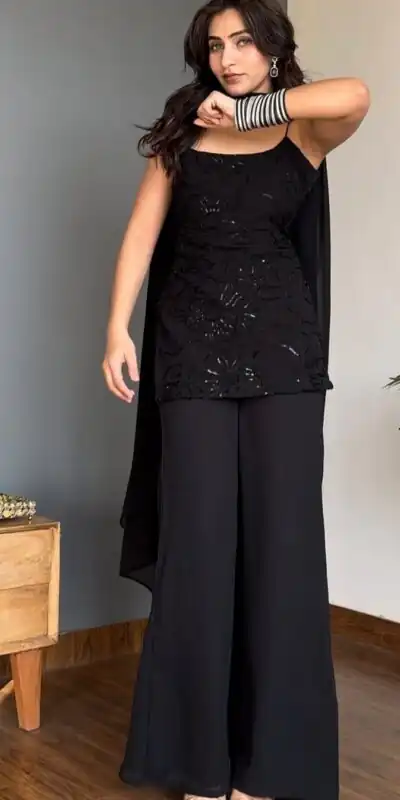 BD 1825 Black Faux Georgette Salwar Suit with Sequins Work & Embroidery Work. Affordable Price ₹1949. Delivery 4-6 Working Days. Shop now. | Casual Suits, Jump Suits, Creative suits, Designer Suits, Palazzo Suits, Party Wear Suits, Patiala Suits, Salwar suit, Straight Suits